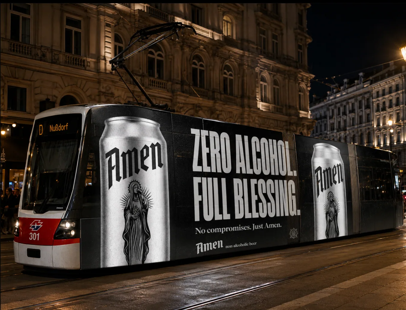 Vienna tram wrapped in Amen 'Zero Alcohol. Full Blessing.' campaign