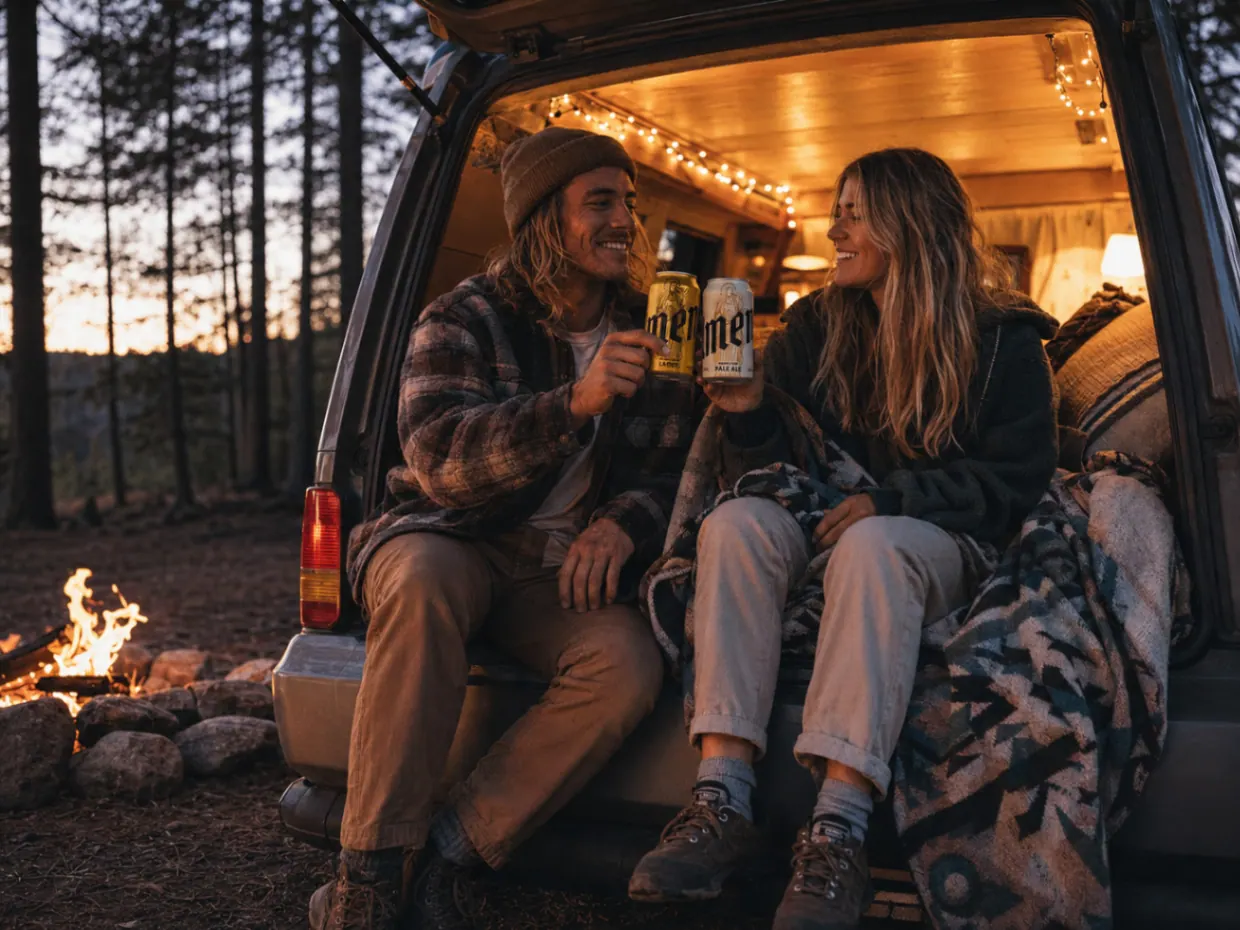 Couple toasting Amen cans from the back of a van at dusk