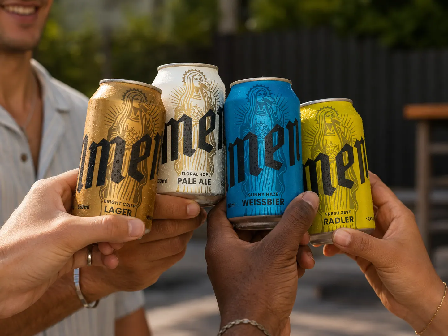 Four hands cheering with Amen beer cans