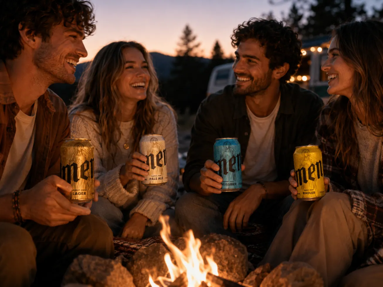 Friends around a campfire holding different Amen cans
