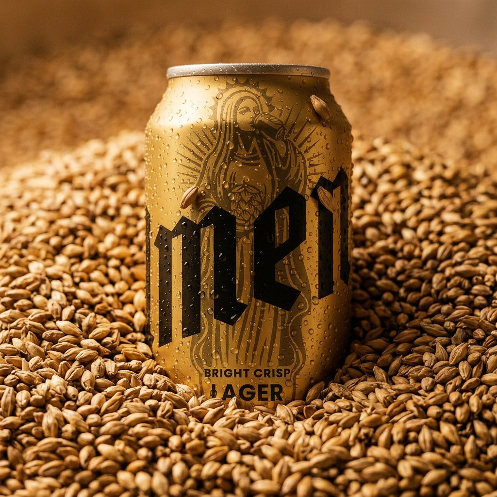 Amen lager can resting in barley malt