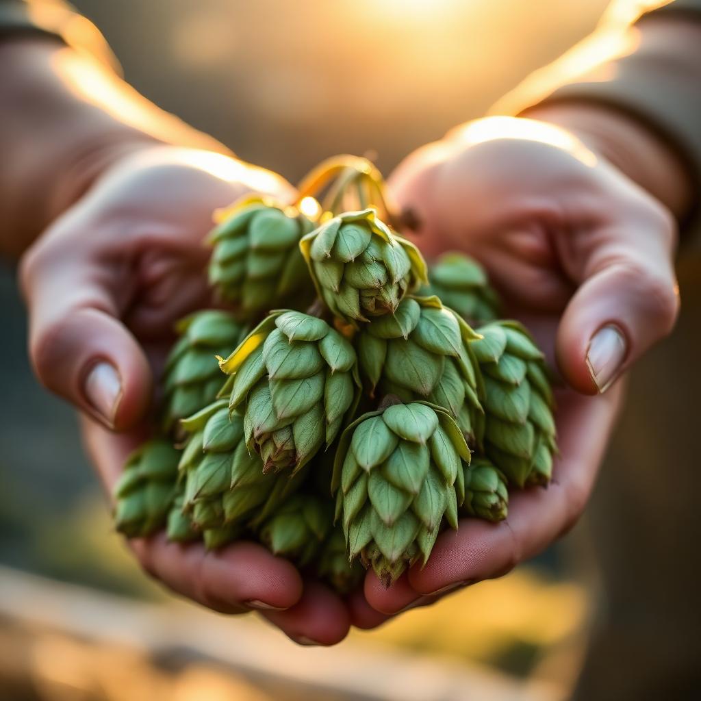 Brewer holding fresh hop cones