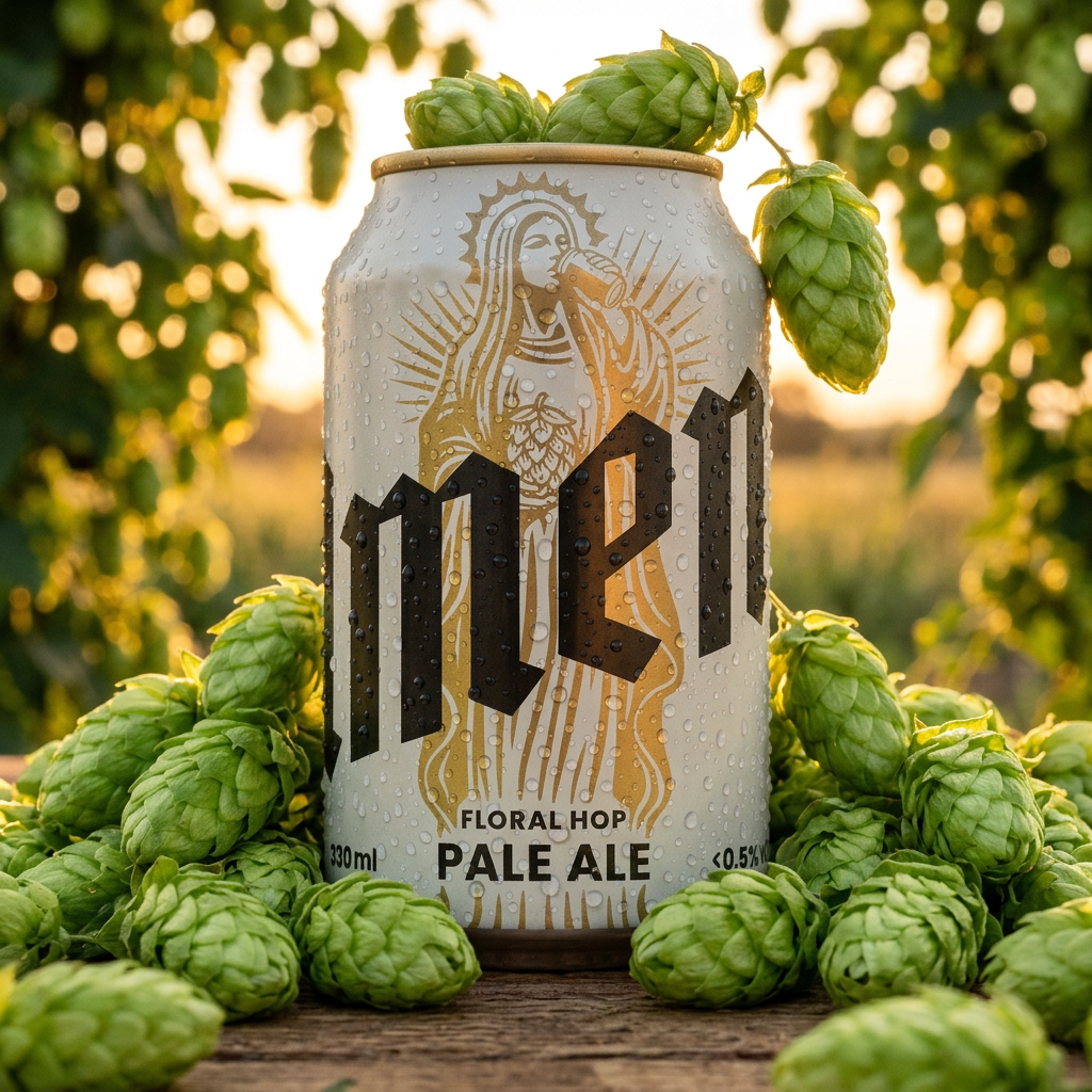 Amen pale ale can surrounded by fresh hops