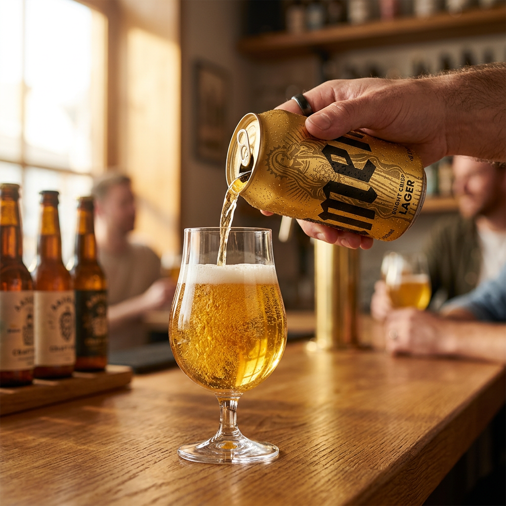 Amen lager poured into a tulip glass