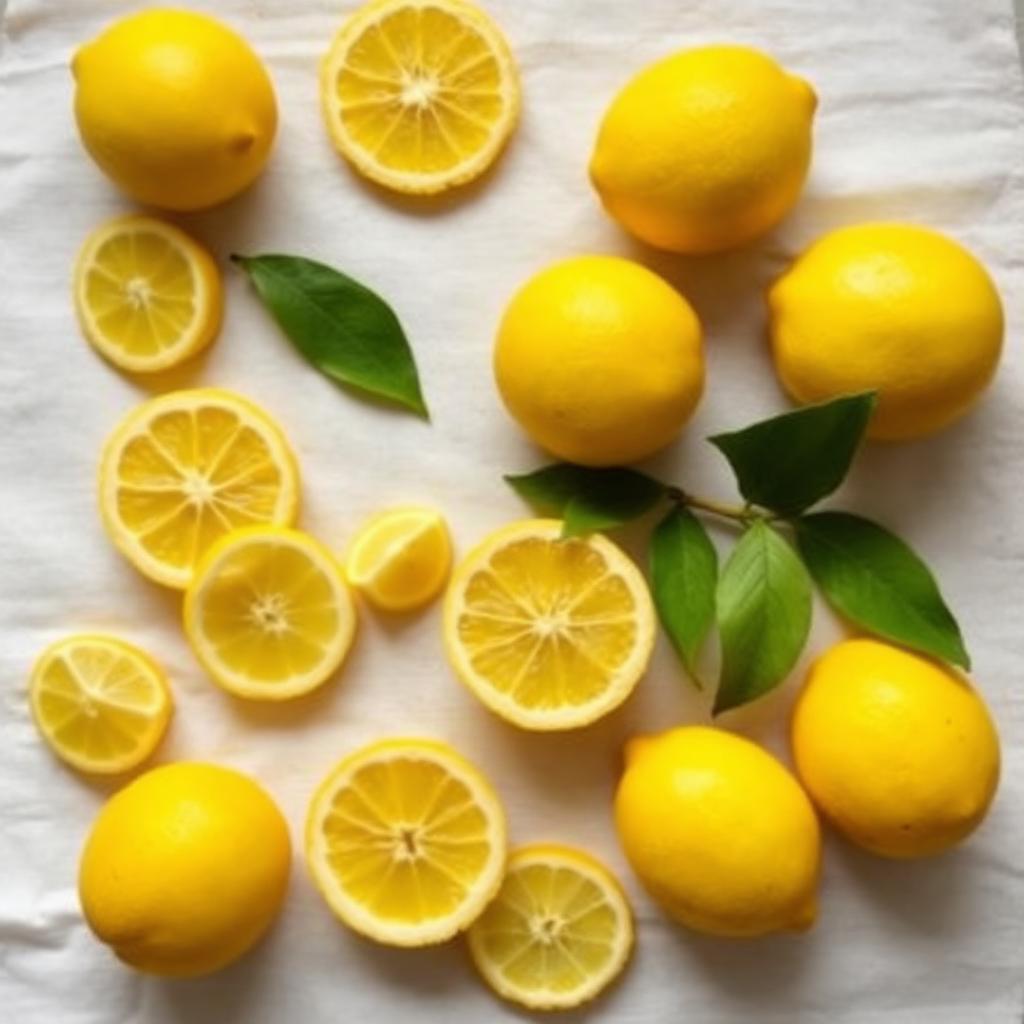 Flat-lay of fresh lemons and slices
