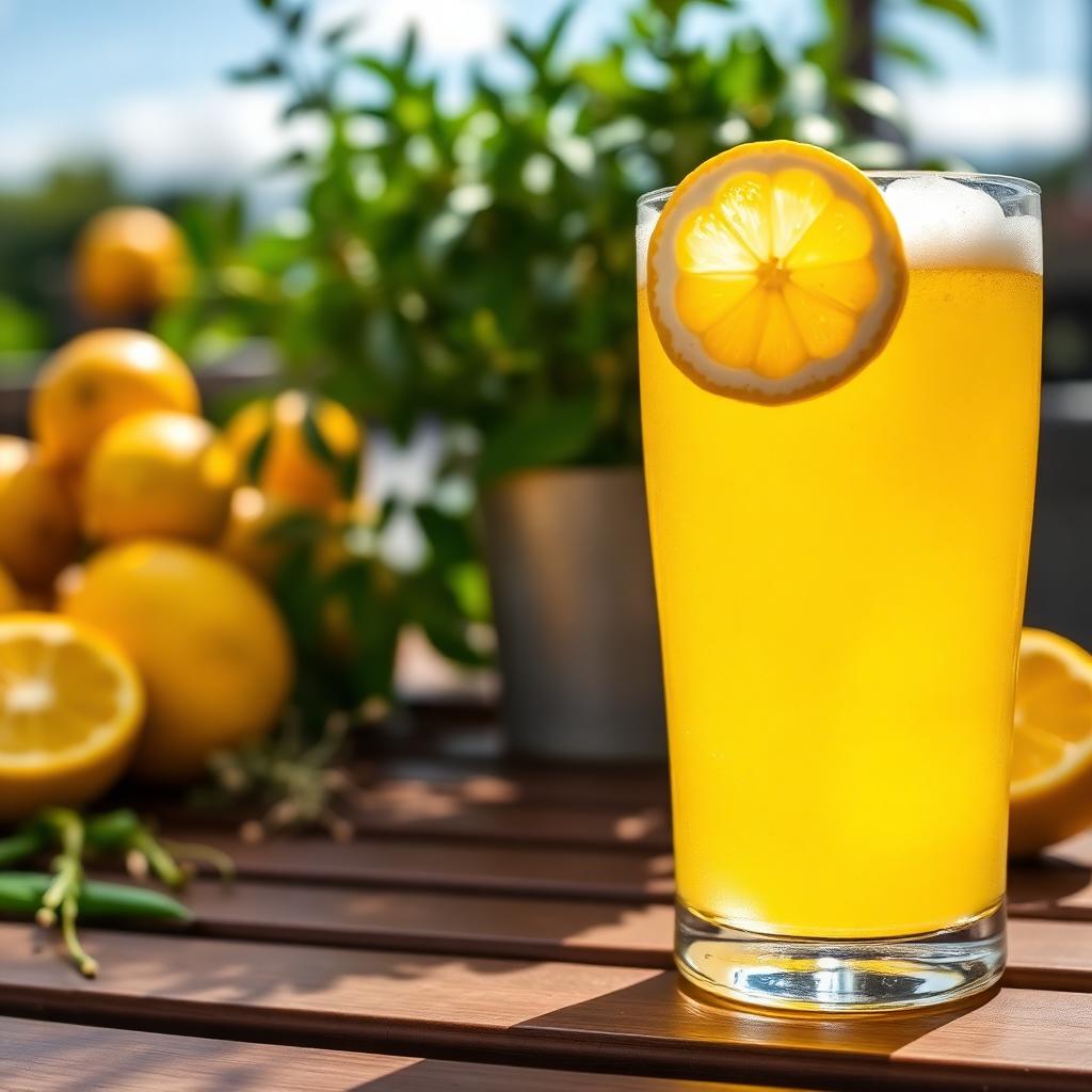 Bright lemon-yellow radler with a lemon wheel