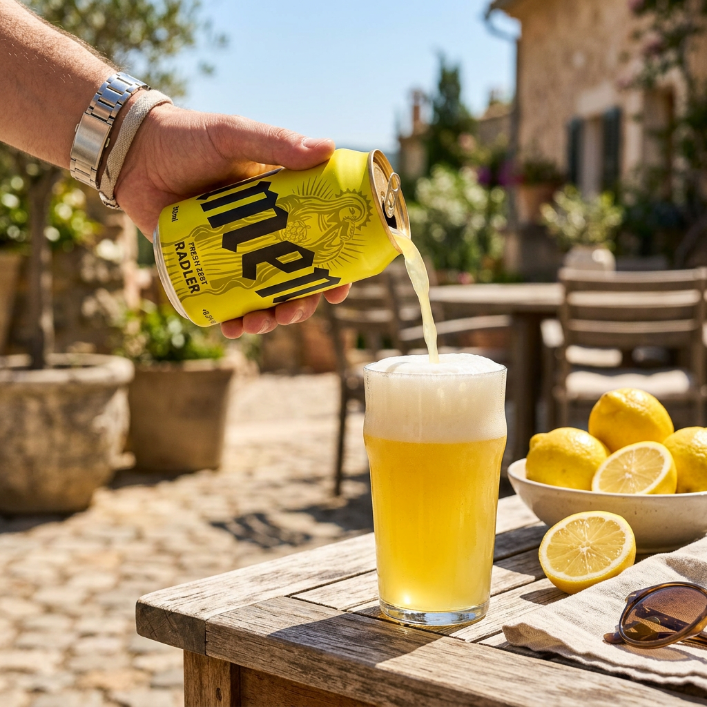 Amen radler poured into a pint glass on a sunny terrace
