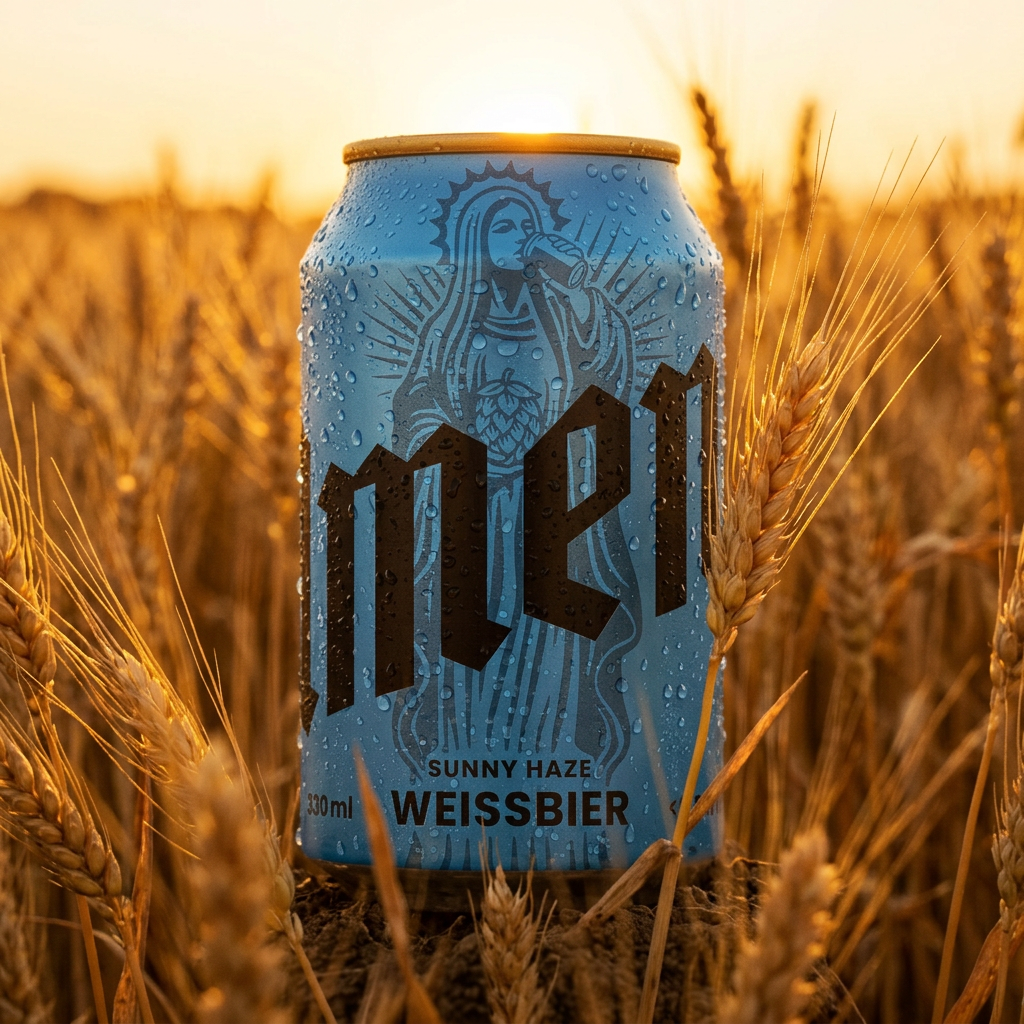 Amen weissbier can in a field of wheat at sunset