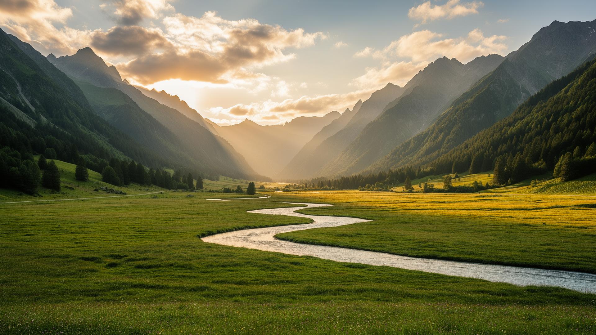 A sunlit alpine valley with a winding river